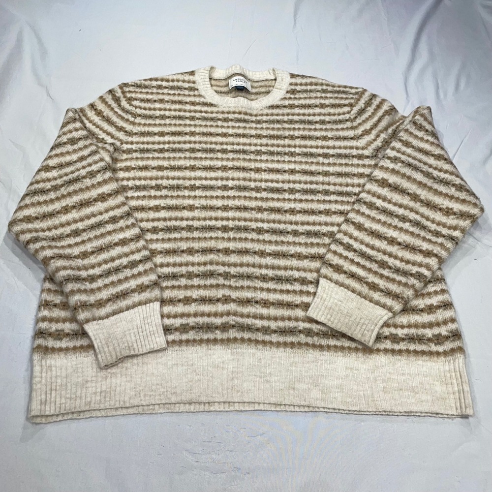 American Eagle Mens XL Striped Crewneck Sweater Cream Tan‎ Brown Knit